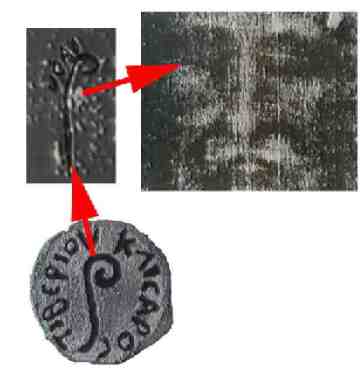 Coins on Jesus eyes with letters